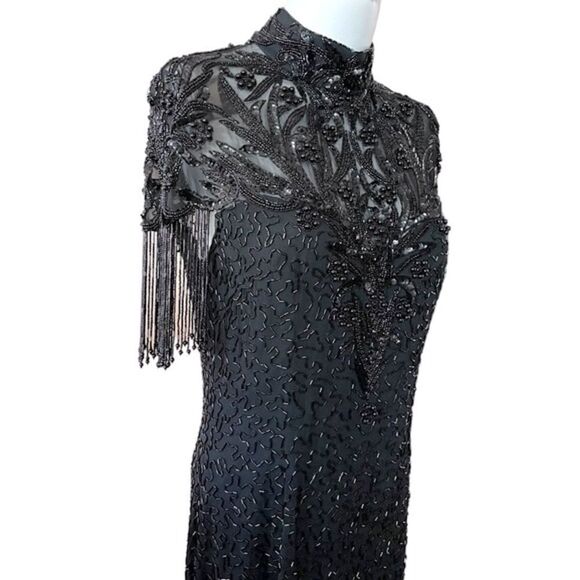 Vintage Nite Line Silk Beaded Fringe Cocktail Dress - Picture 4 of 13